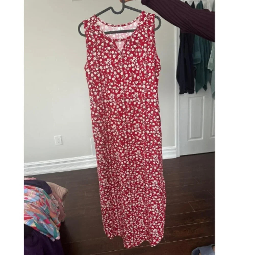 Women's Summer  Red Flower Sleeveless Maxi Loose Split Dresses with Pockets